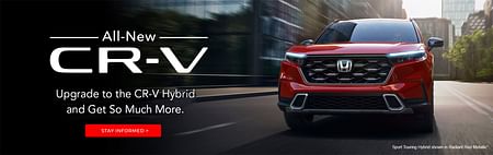 Radiant Red Metallic Honda Sport Turing 2023 drives down the street, blocks in the background. On left white text all-new cr-v upgrade to the cr-v hybrid and get so much more and red button on transparent background.