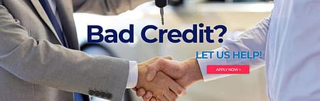 Men shaking hands, "bad credit" sign in the middle